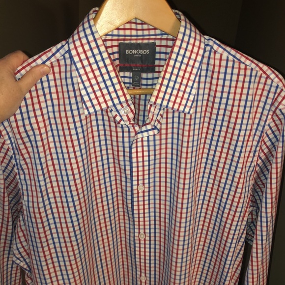 Bonobos Stretch Slim Fit Red White Blue Check Long Sleeve Button Down, 17.5/36. - Picture 9 of 10